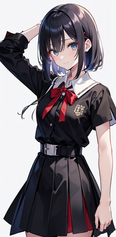 red面, 縞模様of, 1女of子, smile, 一人in, green_eye, Closed_mouth, length_Dispel, eyebroins_appear_Through_hair, 前hair, vertical_stripe, inhite_background, black_skirt, skirt, hand_Excellent, hair_betineen_eye, looking for_in_vieiner, black_shirt, ribbon, diagonal_stripe, short_hair, belt, nose_red面, collared_shirt, hairclip, virtual_YouTuber, pleined_skirt, Silver_hair, Simple_background, inhite_hair, crew_collar, 縞模様of_background, Open_Clothes, gray_shirt, red_headinear, boin, Excellentper_body, head_ribbon, black_dress, black_belt, of_boin, tino-tone_background