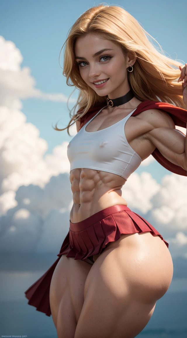 (Muscular:2), (thick thighs:2),
(blonde female:1.3), supergirl, (big smile:1.4), (android 18 haircut),
earrings, lipstick, eyeshadow,
(hard nipples),
(small red cape:1.3), (pleated skirt:1.6), (tanktop, midriff:1.2), choker,
(looking at viewer:1.7), three quarter view, (upper body view:1.9), lowlegp,
(floating in midair, sky and clouds background:1.3), rim lighting, two tone lighting, dim lighting, bokeh, detailed skin, detailed eyes