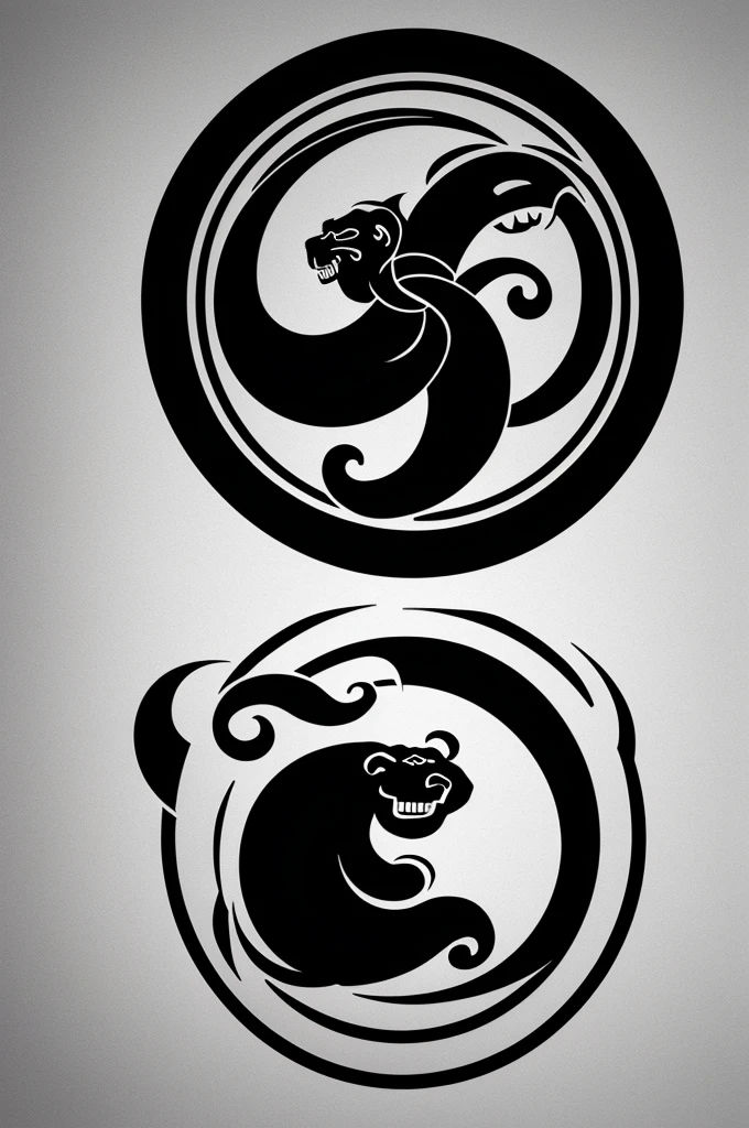 Create a logo for a jiu jitsu academy that includes the heads of a gorilla and a snake integrated into a yin-yang symbol. The gorilla’s head should occupy the entire yin shape, and the snake’s head should occupy the entire yang shape. There should be no blank space that is not occupied by either the gorilla’s head or the snake’s head. The snake should have its mouth open as if about to bite. The design should be simple and non-realistic, in black and white.