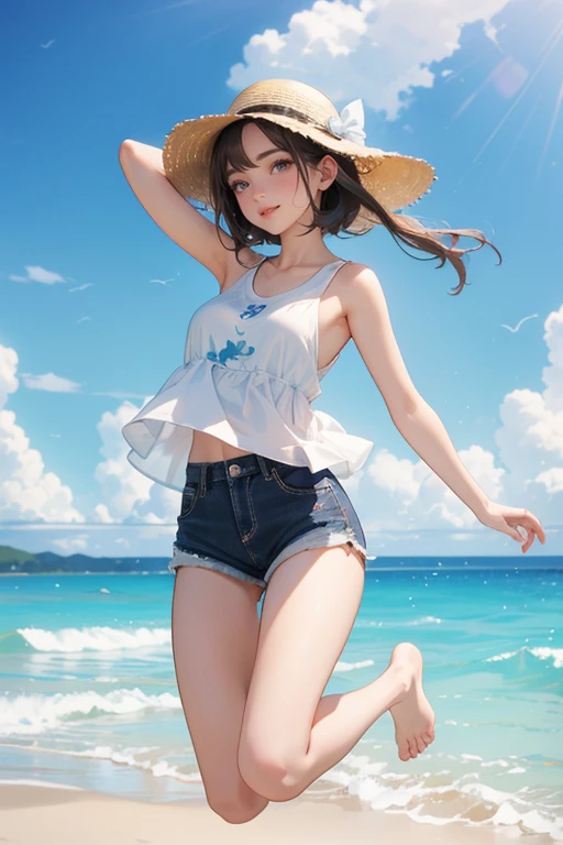 (Highest quality、masterpiece、High resolution、8K)、Vibrant colors、1 Female、Young and beautiful woman、whole body、(Detailed face、Beautiful Eyes、Beautiful nose、Pretty lips)、Black and brown short bob、White tank top and shorts、barefoot、Jump High、Surprised Smile、Official Art、The background is the sea、blue sky、Wide sandy beach、Wide forest、White waves and sandy beach、White Entrance Cloud、