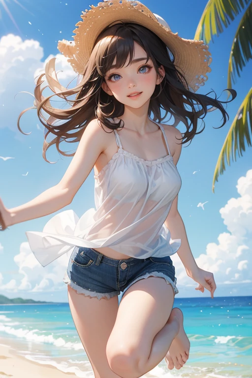 (Highest quality、masterpiece、High resolution、8K)、Vibrant colors、1 Female、Young and beautiful woman、whole body、(Detailed face、Beautiful Eyes、Beautiful nose、Pretty lips)、Black and brown short bob、White tank top and shorts、barefoot、Jump High、Surprised Smile、Official Art、The background is the sea、blue sky、Wide sandy beach、Wide forest、White waves and sandy beach、White Entrance Cloud、