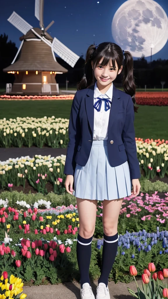 Japanese high school girl, smiling face, young face, black hair, twin tails with blue ribbon decoration, light blue blazer jacket, white blouse, blue ribbon decoration on collar, blue pleated skirt, black socks, dark brown loafers, large park, standing in front of tulip flower bed, windmill shed, full moon night, starry night, nostalgic scenery 