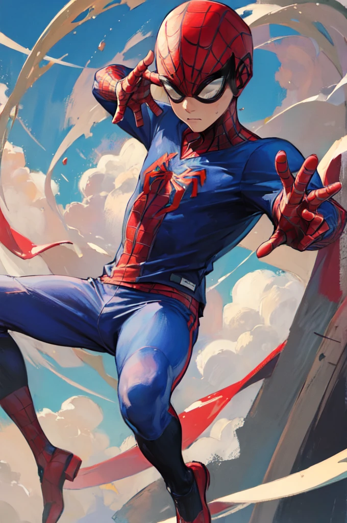 (masterpiece:1.5),(best quality:1.5), Spiderman azul vestido con un uniforme de football-soccer rojo