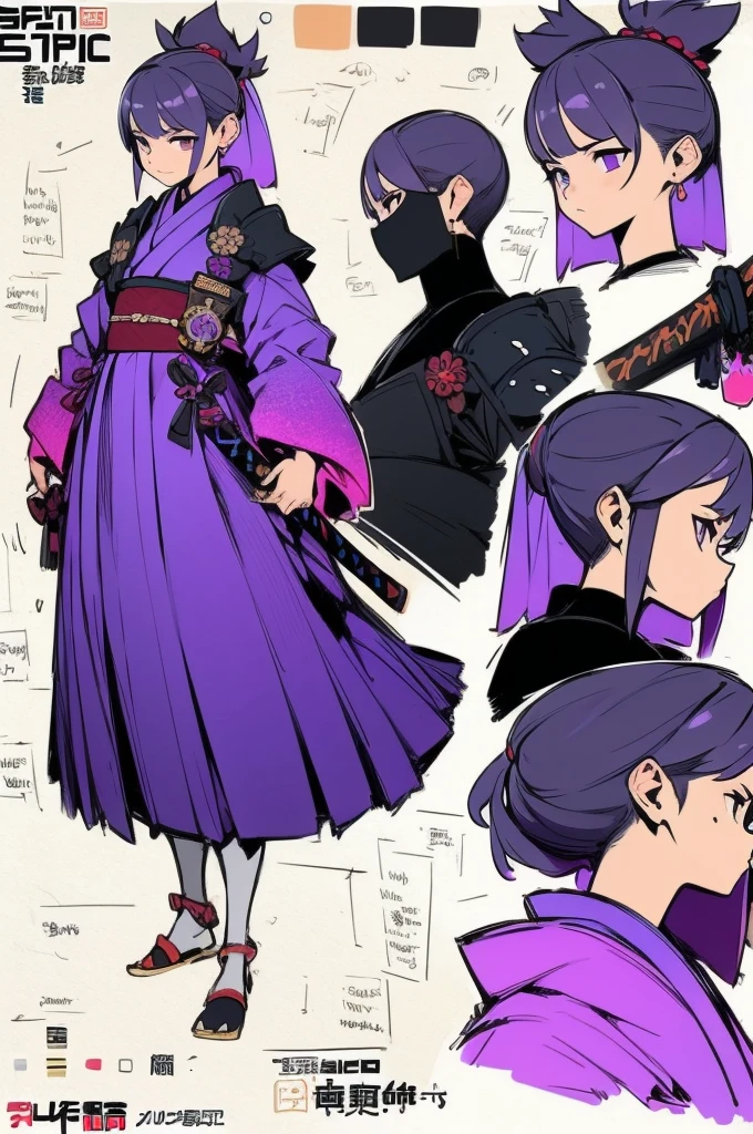 ((Best Quality)), ((Masterpiece)), (detailed), 1 girl, character design, CHARACTER SHEET, traditional japanese kimono, samurai, armor samurai, girl with kimono and samurai and samurai elements, armor, kimono, purple, by hime cut, epic design, wide, Kimono samurai, purple dress, whole body, full body, epic design, creative design.
