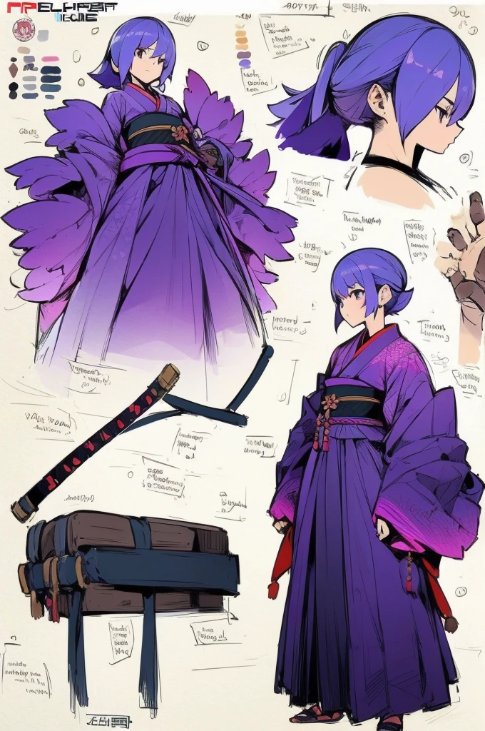 ((Best Quality)), ((Masterpiece)), (detailed), 1 girl, character design, CHARACTER SHEET, traditional japanese kimono, samurai, armor samurai, girl with kimono and samurai and samurai elements, armor, kimono, purple, by hime cut, epic design, wide, Kimono samurai, purple dress, whole body, full body, epic design, creative design.