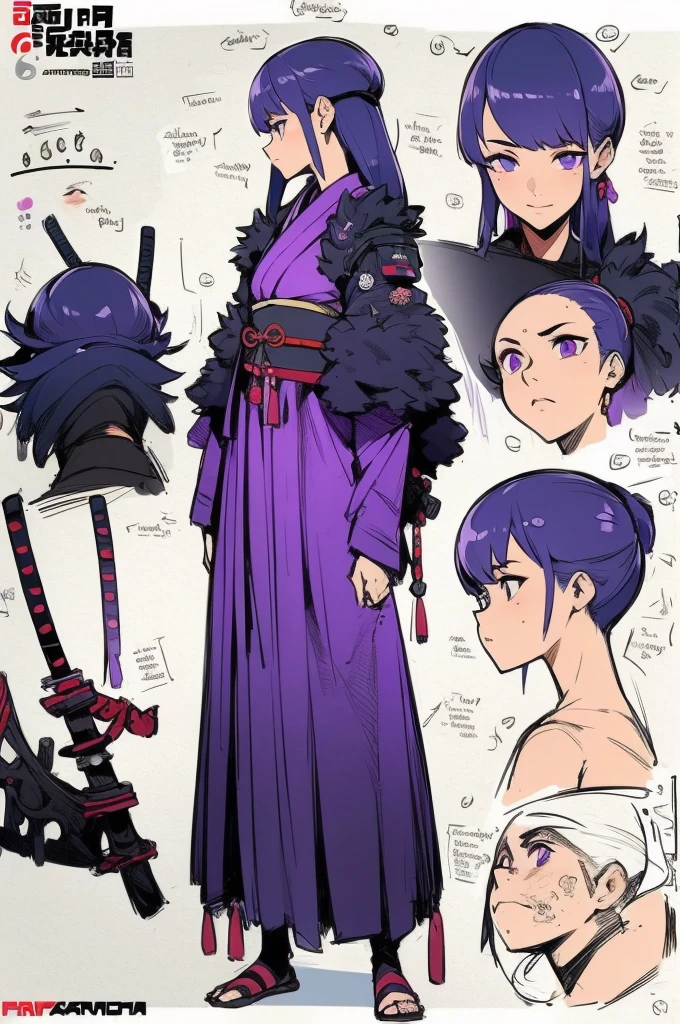 ((Best Quality)), ((Masterpiece)), (detailed), 1 girl, character design, CHARACTER SHEET, traditional japanese kimono, samurai, armor samurai, girl with kimono and samurai and samurai elements, armor, kimono, purple, by hime cut, epic design, wide, Kimono samurai, purple dress, whole body, full body, epic design, creative design.