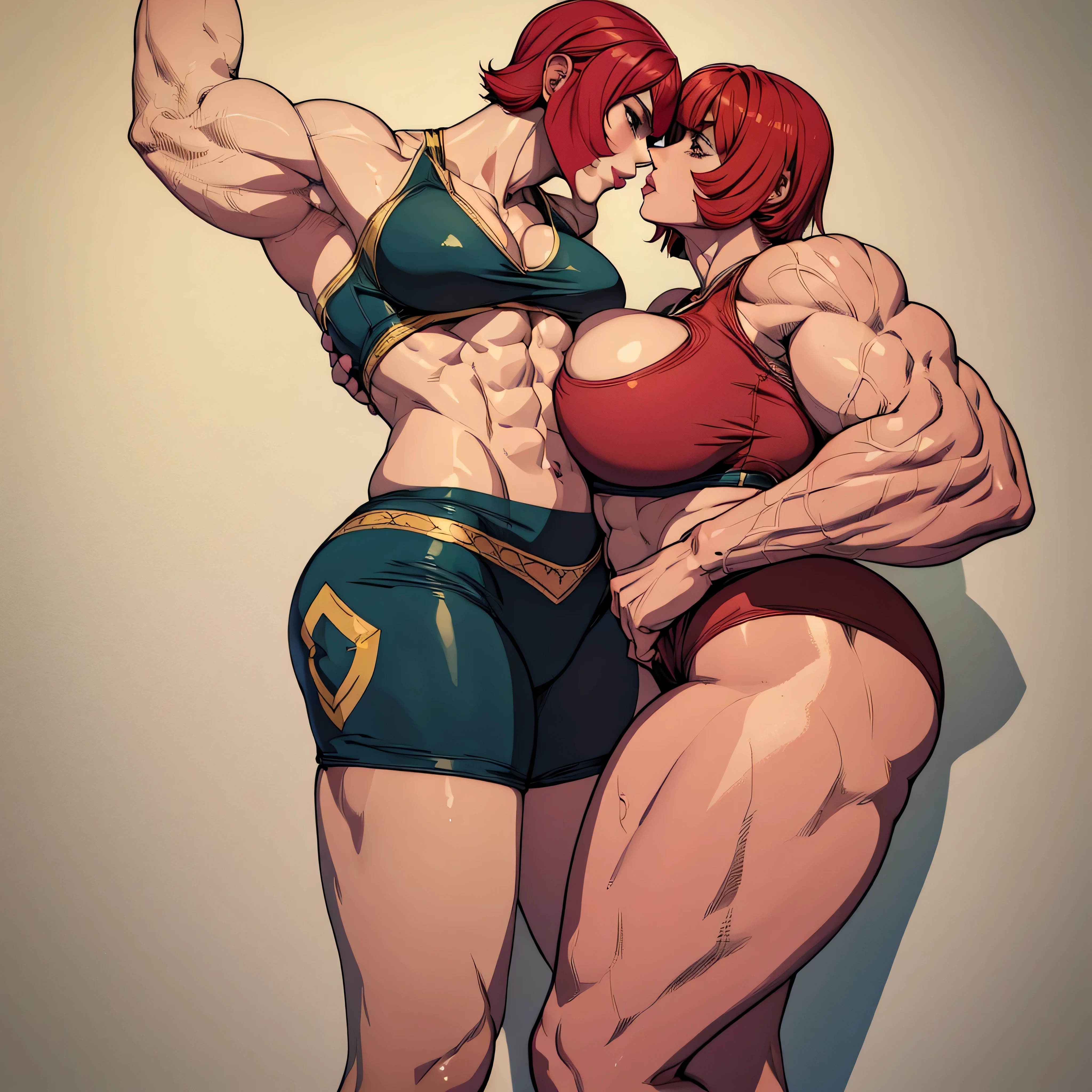 Two woman kissing, fMarisa 22 y.o trans female, 210 cm tall, short red hair, Poison 26 y.o 183 cm tall female, pink short bob hair, muscular body, fit toned body, big breast, big biceps, toned thighs, wider hips, round butt, small blue eyes, black sports bra, high waisted spandex shorts1.0, green short underwear1.2, red leggings1.0, white wall in the background,(facing viewer, looking at viewer) (red hair two braided) , brown eyes, full body shot, ultra realistic, legs stretched, detailed face, kissing each other, holding each other,