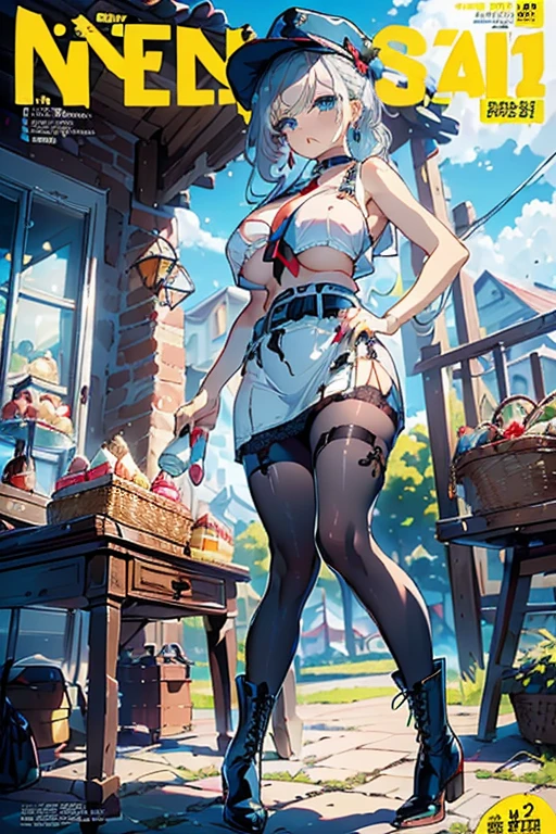 (perky chest:1.2), (pointed chest:1.2),(icecream magazine cover:1.3),(from below:1.2),(shoot from the side:1.1),(((Black Tunic:1.3))),(((cakes and bread in the basket),a 23yo Cute and beautiful girl,masterpiece、highest quality、Very detailed、Beautiful fine details、Detailed landscape、Braided Ponytail、Red camisole、((B cup breasts, Tank top showing underboob:1.0)), thigh strap, bangs, necktie, earrings, nail polish, fishnet pantyhose, silver hair, looking at viewer, full body, bottle, own hands together, belt, food, ring, choker, english text paper:1.2, collared shirt, blue eyes, hat,lace-up boots , 