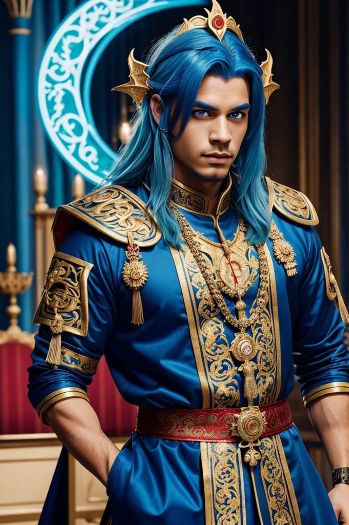 Male Light skin Divine Dragon with Blue Hair, Blue and Red Eyes wearing Royal attire