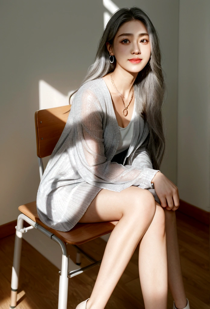 Female teacher crossing legs on classroom chair v6, necklace, earrings, full body v6, long gray hair, translucent clothes, visible, superb, ultra high definition, RAW photo, realism 1.25), (bright lip gloss, long eyelashes, smooth) face, bright skin, natural shadows, wide light, wide light, depth of field, strong color, subtle caustics: 0.8), smile, (big), v6, realistic, sexiest 