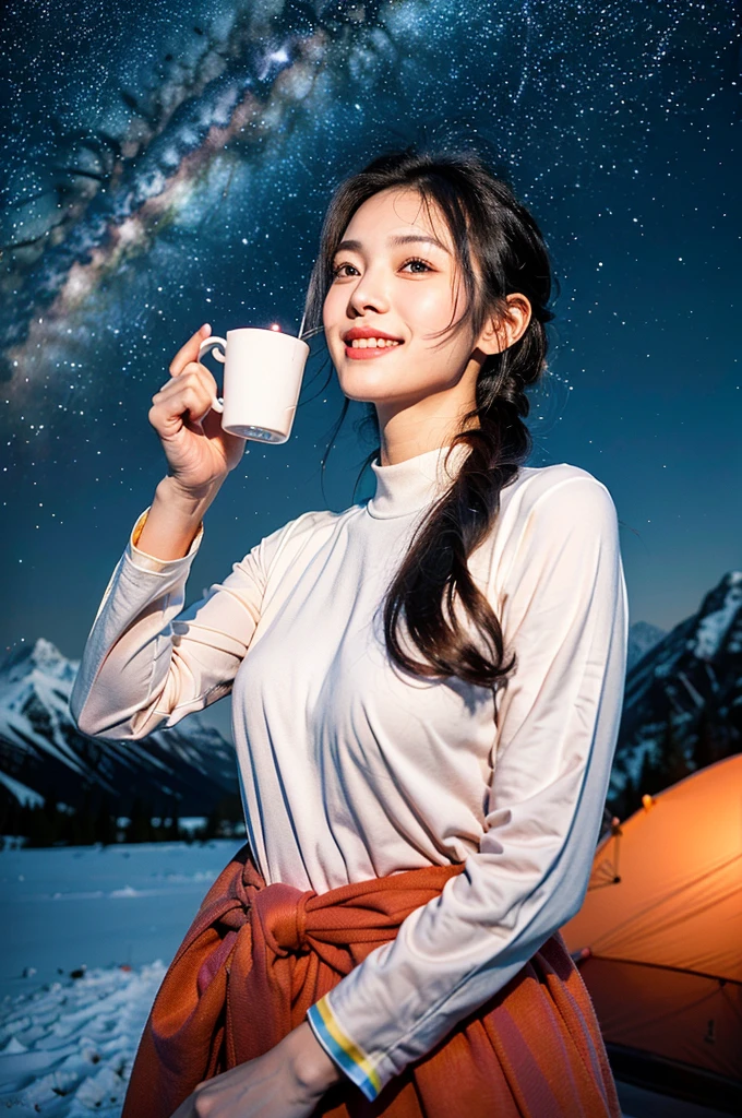 A very handsome man similar to An Nakamura、Super clean and slender、Excellent style  、An ultra-high picture quality、extremely delicate face, Skin and hair、((Semi-long chignon hair))、dark hair、((Cold mountaineering wear))、((Mountain man))、((Tent area at night,A colorful tent in the back))、16k image、((night sky full of stars))A very cute Japan detached face、A slender、middlebreasts、Eyes and nose stand out clearly、Gentle eyes、((hot々Gaze at the starry sky while drinking a hot drink))、((A refreshing smile))