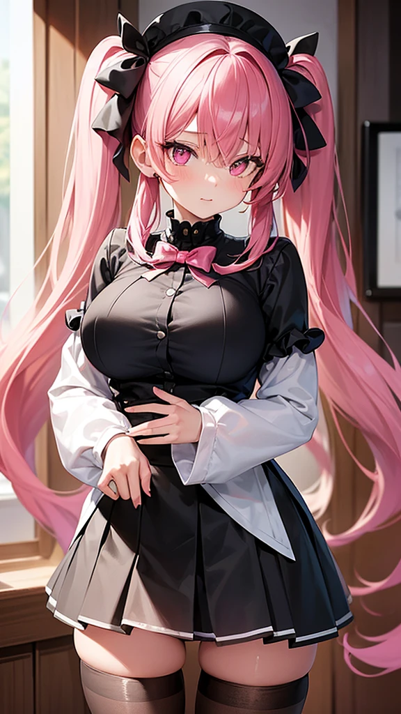 (Highest quality,Super detailed,girl),Wearing black stockings,Pink Hair,Height: 160cm,cute,Pink Eyes,Twin tails,Big Breasts,She is wearing a white shirt and a black skirt,Has bright white eyes,Looking at me with a shy look on his face,