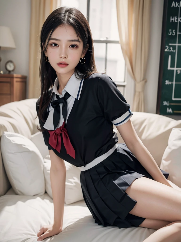 absurdres, RAW photo, extremely delicate and beautiful, masterpiece, Best Quality, ultra high resolution, 32k, hyperrealistic, ultra-detailed, perfect figure, in her 20s, very small head, very small face, delicate facial features, tearful mole, earring, (huge breasts), legs, (full body shot), whole body shot, medium hair, black hair, (school_uniform),