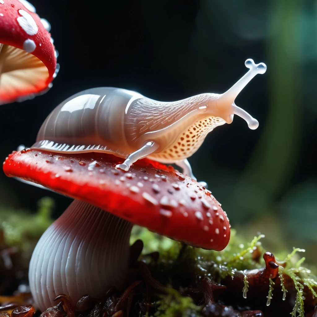 hyperrealistic extreme closeup macro photography, slimy translucent slug crawling on top of red and white mushroom, cinematic lighting, insane details, 64 megapixel DSLR