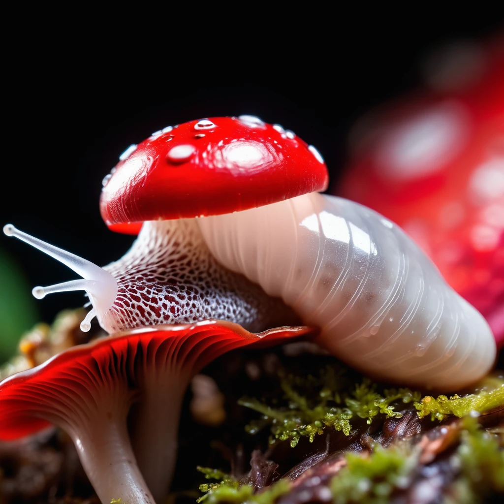 hyperrealistic extreme closeup macro photography, slimy translucent slug crawling on top of red and white mushroom, cinematic lighting, insane details, 64 megapixel DSLR