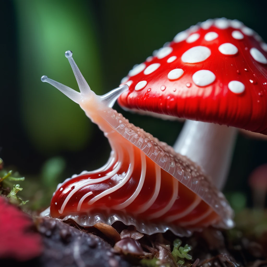 hyperrealistic extreme closeup macro photography, slimy translucent slug crawling on top of red and white mushroom, cinematic lighting, insane details, 64 megapixel DSLR