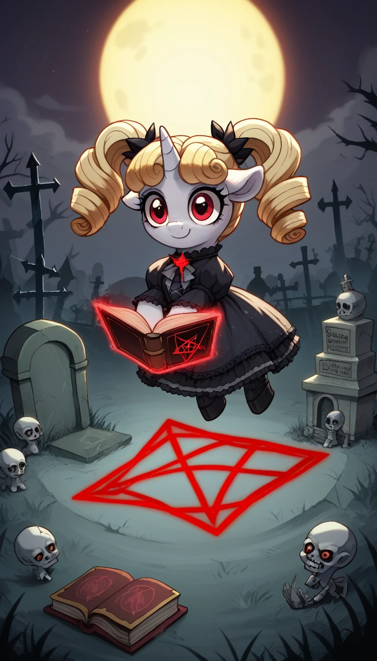 score_9,score_8_up,score_7_up,score_6_up, filly, unicorn, white fur, curly blonde hair, cute twintails, red eyes, Gothic pony, cute ta fashion, glowing backlight, fashion show, graveyard, glitter, whimsical, enchanted, magical, fantasy art concept, intricate details, insane evil smile, blood splatter on face, floating, levitating spell book, glowing pentagram, zombie ponies