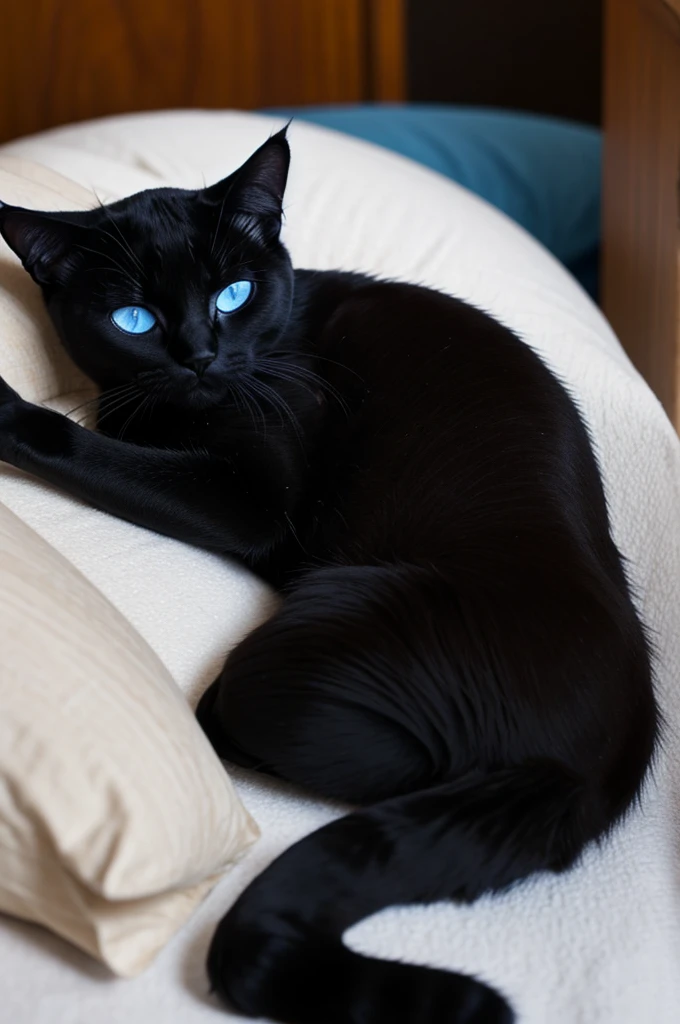 Black Cat with blue eyes and white aura sleeping