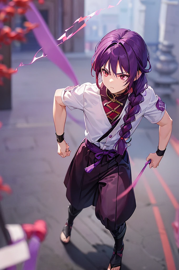 (((Purple Hair、Dye the inside of your hair red、Long Hair、Knot、Braid、Bright red eyes)))A man wearing black kung fu clothing、A young man with a determined look、Man standing facing forward、(((A boy standing with a stick)、(White background)、{{masterpiece}}, The best quality of life