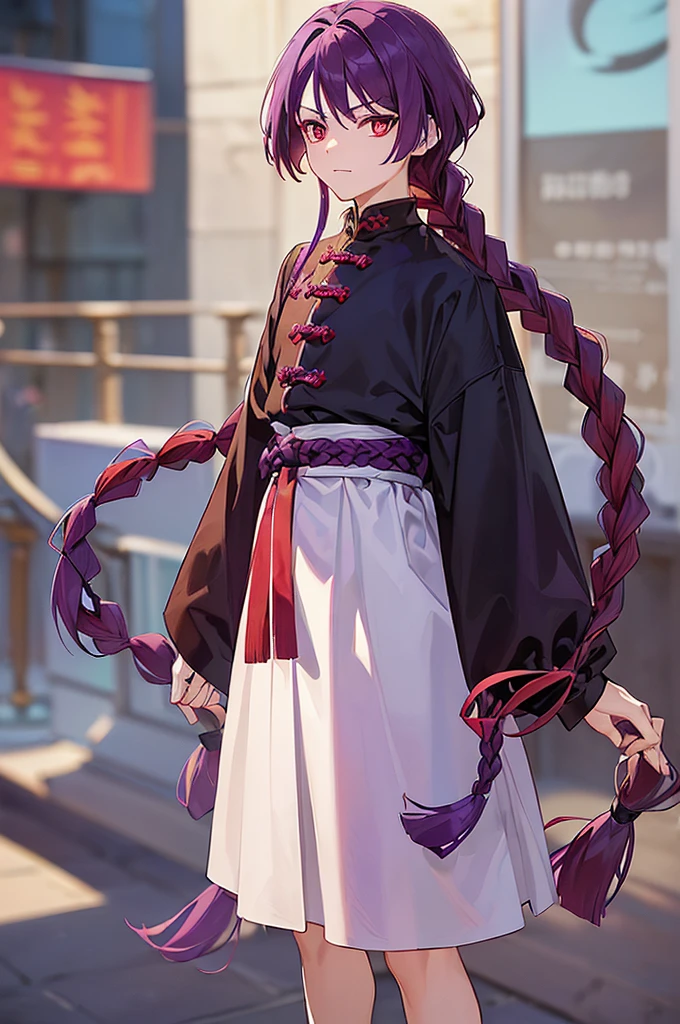 (((Purple Hair、Dye the inside of your hair red、Long Hair、Knot、Braid、Bright red eyes)))A man wearing black kung fu clothing、A young man with a determined look、Man standing facing forward、（（（A boy standing with a stick）、（White background）、{{masterpiece}}, The best quality of life