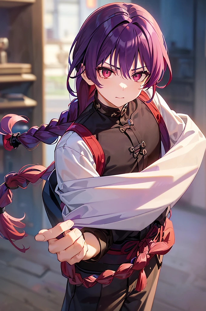 (((Purple Hair、Dye the inside of your hair red、Long Hair、Knot、Braid、Bright red eyes)))A man wearing black kung fu clothing、A young man with a determined look、Man standing facing forward、（（（A boy standing with a stick）、（White background）、{{masterpiece}}, The best quality of life