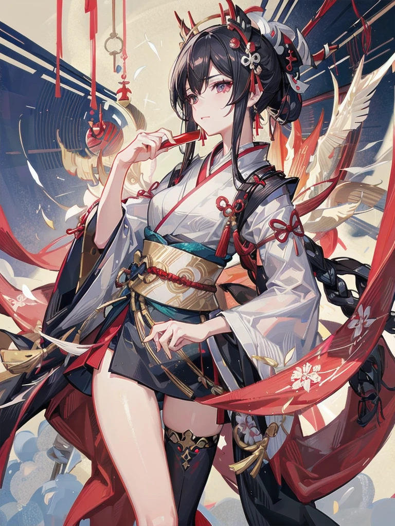 absurdres, RAW photo, extremely delicate and beautiful, masterpiece, Best Quality, ultra high resolution, 32k, hyperrealistic, ultra-detailed, perfect figure, in her 20s, very small head, very small face, delicate facial features, tearful mole, earring, huge breasts, legs, whole body shot, full body shot, medium hair, black hair, red-black costume, Onmyoji, nobushi, Flowing white robe,