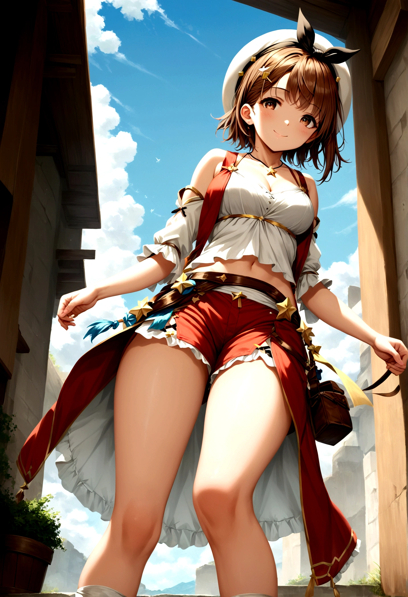 score_9, score_8_up, score_7_up, score_6_up, score_5_up,,rating_safe. BREAK , (from front.from front,below view ,feet focus,standing,straight-on,,(upperbody),looking_at_viewer ,1girl, ryza,atelier,brown hair, hat, jewelry, necklace, short hair, hair ornament, brown eyes, hairclip, large breasts, smile, star necklace, star \(symbol\), white headwear, collarbone, blurry, outdoors, medium breasts, looking at viewer, outdoors, solo, days, smile, (masterpiece), (best quality), (ultra-detailed),illustration, perfect composition, intricate details,  
