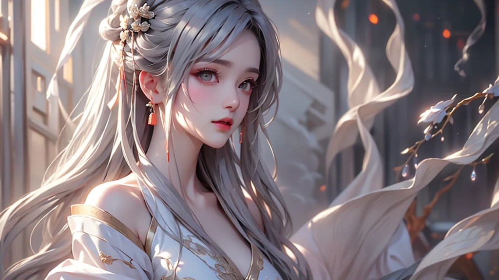 super high quality, masterpiece, Perfect illustration, Very detailed (Exquisite light and shadow, Very dramatic photo,Backlight) , ((Gray Hair:1.5))1 Girl,(( alone:1.6)), (Wearing Han clothes, Black and white Hanfu,Monotony,Long sleeve) (White smoke:1.3) (Realistic:1.4), Official Art, unity 8k wallpaper, Very detailed, Beautiful and beautiful, masterpiece, Highest quality, (Dynamic Angle: 1.4), Glowing Skin, (Floating colorful flashes: 1) The most beautiful chaotic shapes, elegant, Brutalist Design, Bright colors, Romantic Depth of Field Exotic_dance, half_naked、Expose your shoulders、Ample breasts、Great cleavage、Lean forward