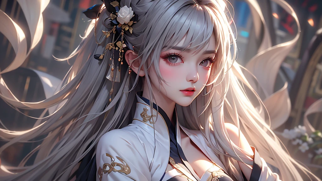 super high quality, masterpiece, Perfect illustration, Very detailed (Exquisite light and shadow, Very dramatic photo,Backlight) , ((Gray Hair:1.5))1 Girl,(( alone:1.6)), (Wearing Han clothes, Black and white Hanfu,Monotony,Long sleeve) (White smoke:1.3) (Realistic:1.4), Official Art, unity 8k wallpaper, Very detailed, Beautiful and beautiful, masterpiece, Highest quality, (Dynamic Angle: 1.4), Glowing Skin, (Floating colorful flashes: 1) The most beautiful chaotic shapes, elegant, Brutalist Design, Bright colors, Romantic Depth of Field Exotic_dance, half_naked、Expose your shoulders、Ample breasts、Great cleavage、Lean forward