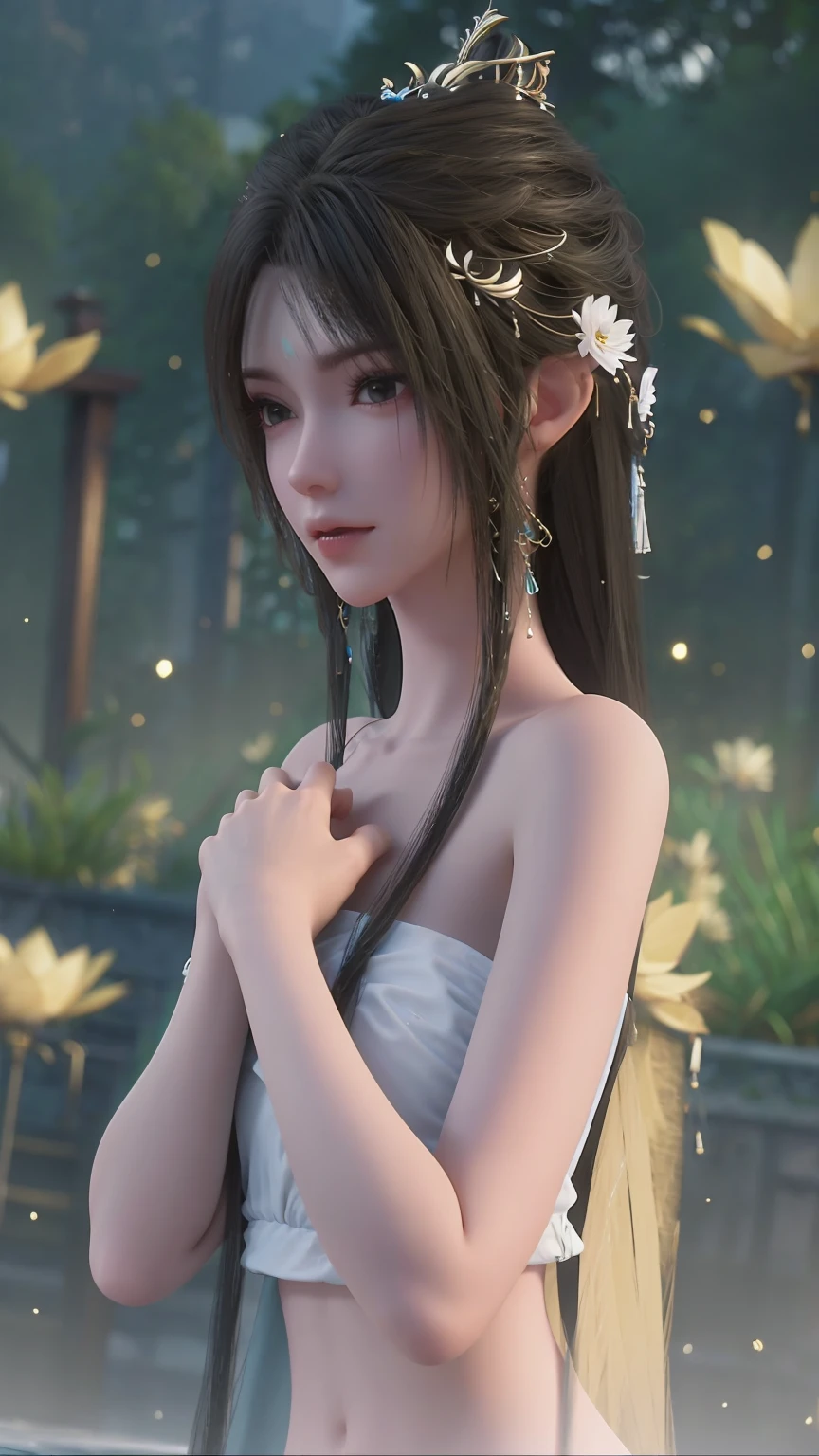 A girl bathing in water,Showering above the shoulders while bathing in water,No clothes,Hold your hands to your chest,Cover your chest with your hands,Golden glowing lotus on the water