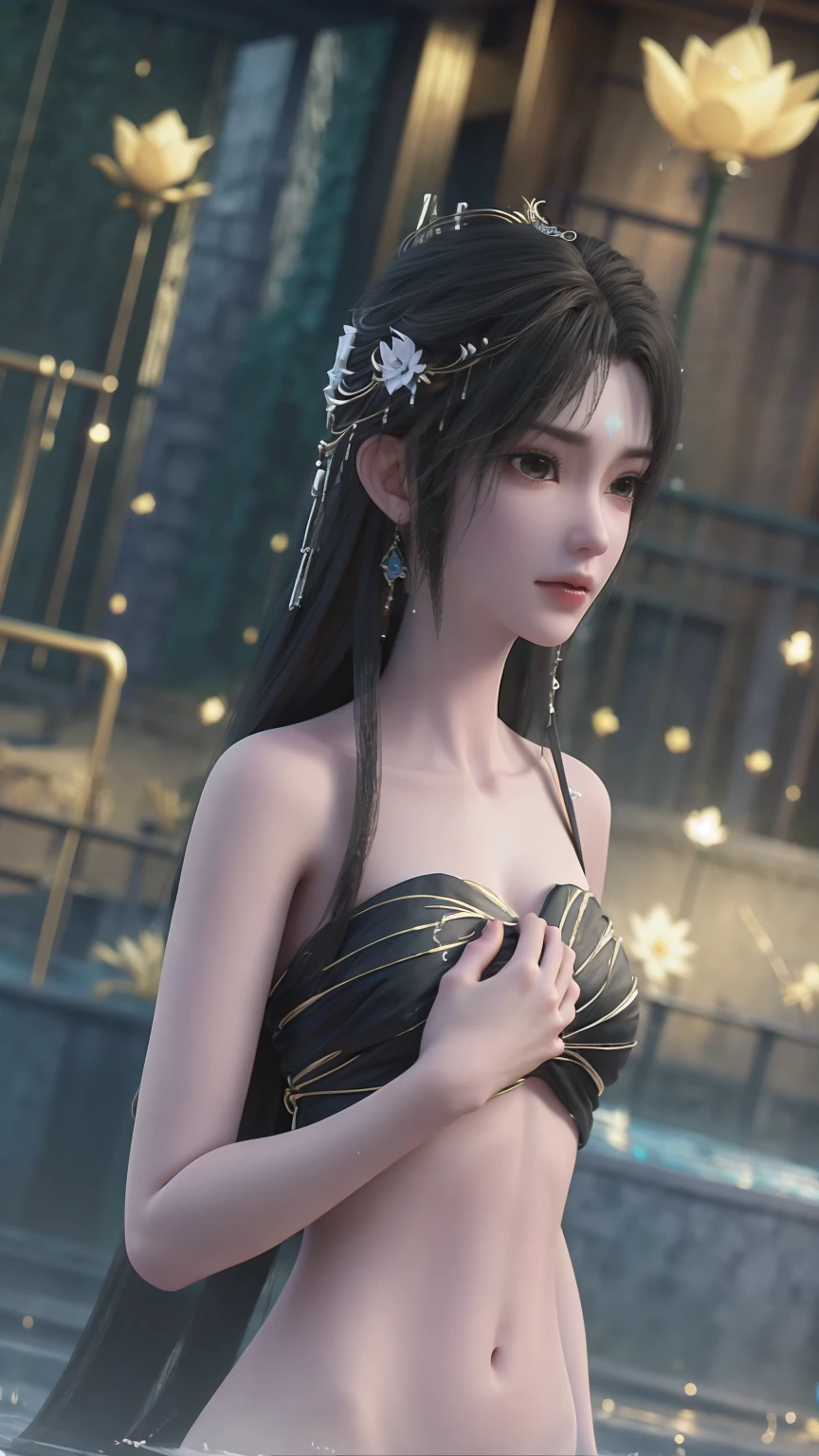A girl bathing in water,Showering above the shoulders while bathing in water,No clothes,Hold your hands to your chest,Cover your chest with your hands,Golden glowing lotus on the water