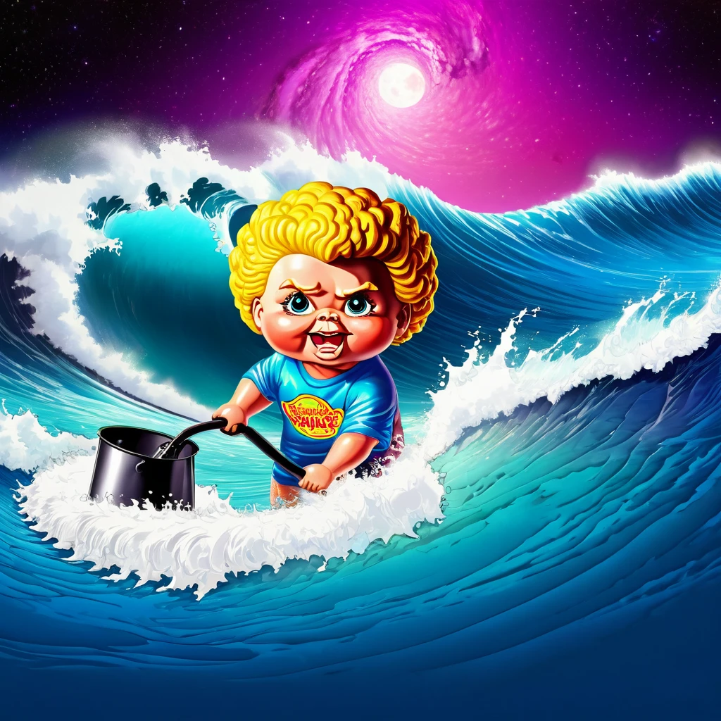((beautiful waves curling up on the bottom right side, the rest of the image is blank with white, garbage pail kids style)), galaxy, 3d cartoon, high quality, detailed,
