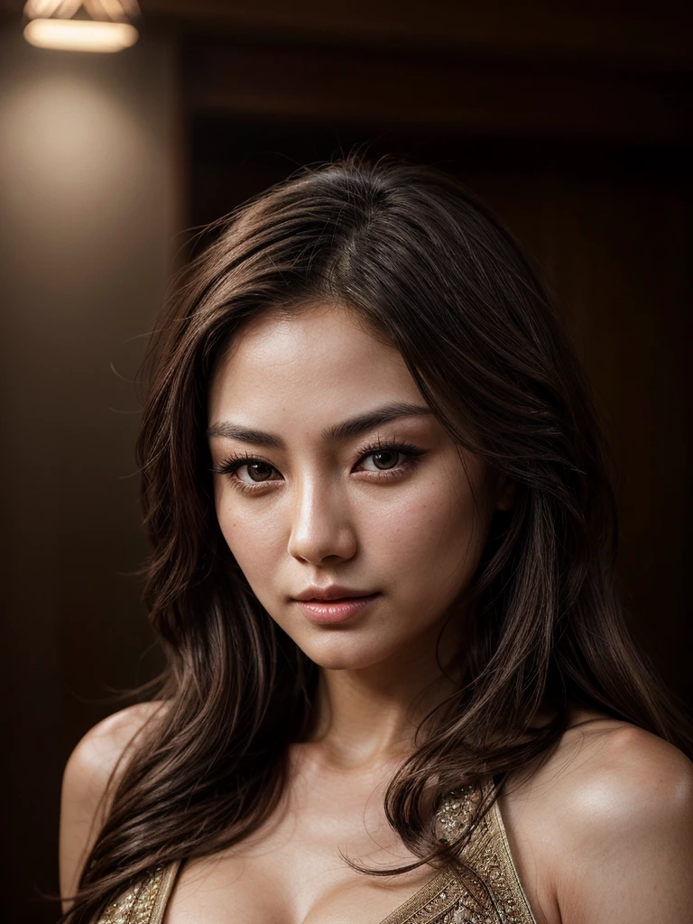 beautiful Shizuka Minamoto, 1girl, beautiful detailed eyes, beautiful detailed lips, extremely detailed face, long eyelashes, , wavy brown hair, photo-realistic, 8k, masterpiece, intricate details, vibrant colors, cinematic lighting, soft focus, dreamlike, ethereal