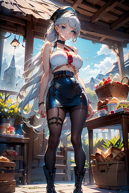 (perky chest:1.2), (pointed chest:1.2),(icecream magazine cover:1.3),(from above:1.2),(shoot from the side:1.1),(((Black Tunic:1.3))),(((cakes and bread in the basket),a 23yo Cute and beautiful girl,masterpiece、highest quality、Very detailed、Beautiful fine details、Detailed landscape、Braided Ponytail、Red camisole、((B cup breasts, Tank top showing underboob:1.0)), thigh strap, bangs, necktie, earrings, nail polish, fishnet pantyhose, silver hair, looking at viewer, full body, bottle, own hands together, belt, food, ring, choker, english text paper:1.2, collared shirt, blue eyes, hat,lace-up boots , 