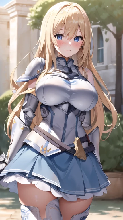 ((masterpiece)), (absurdres:1.3), ((beautiful detailed cinematic light: 1.3)), (extremely detailed CG unity 8k wallpaper:1.3), (ultra-detailed:1.3),  (depth of field:1.3), (best shadows:1.3), (perfect ???????:1.3), (town:1.3), (outdoors:1.3), 
(1girl:1.3),Lokihi Harto, ((mature_female:1.3)), (blonde_hair:1.3), (long_hair:1.3), (symmetry face:1.3), (expressive eyes:1.3), ((beautiful and detailed eyes:1.3)), (blue_eyes:1.3), (wide-eyed:1.3), 
((full-face blush:1.3)), (smile:1.3), 
(large_???????:1.5), (slim waist:1.3), (wide ????:1.3), 
(skirt:1.3), (??????:1.3), (breastplate:1.3), (gauntlets:1.3), (white_thighhighs:1.3), (white_gloves:1.3), 
(cowboy shot:1.3), (looking at viewer:1.3), (front view:1.3), (upright:1.3), 