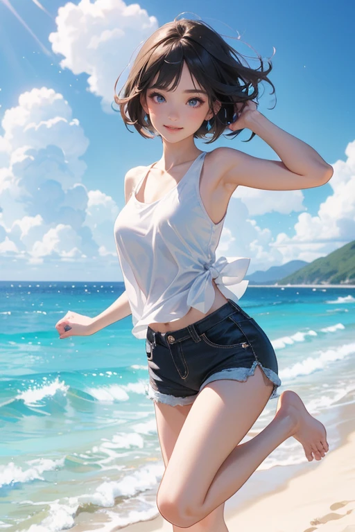 (Highest quality、masterpiece、High resolution、8K)、Vibrant colors、1 Female、Young and beautiful woman、whole body、(Detailed face、Beautiful Eyes、Beautiful nose、Pretty lips)、Black and brown short bob、White tank top and shorts、barefoot、Jump High、Surprised Smile、Official Art、The background is the sea、blue sky、Wide sandy beach、Wide forest、White waves and sandy beach、White Entrance Cloud、