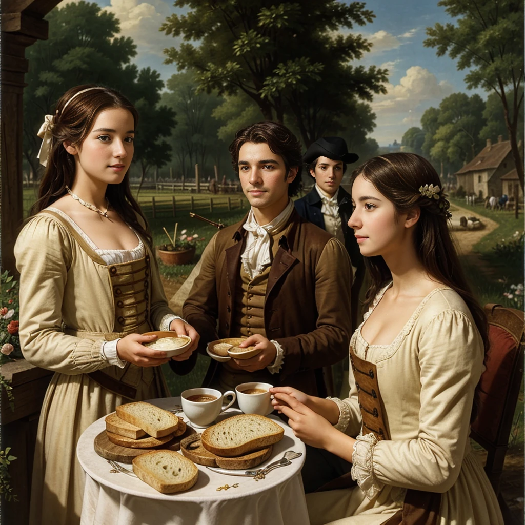 During the French Revolution、Beautiful young farm girl,Bard's view, During the French Revolution、1 male and 2 female, 1 girl is Beautiful young farm girl, 1 man is My father, 1 woman is mother ,I were eating bread and thin slices.－Sipping a cup of coffee、