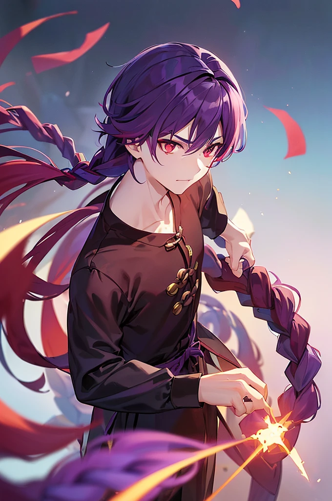 (((Purple Hair、Dye the inside of your hair red、Long Hair、Knot、Braid、Bright red eyes)))A man wearing black kung fu clothing、A young man with a determined look、Man standing facing forward、（（（A boy standing with a stick）、（White background）、{{masterpiece}}, The best quality of life