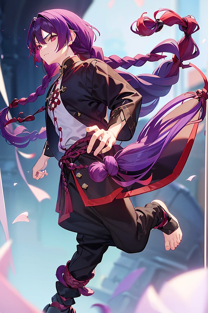 (((Purple Hair、Dye the inside of your hair red、Long Hair、Knot、Braid、Bright red eyes)))A man wearing black kung fu clothing、A young man with a determined look、Man standing facing forward、(((A boy standing with a stick)、(White background)、{{masterpiece}}, The best quality of life