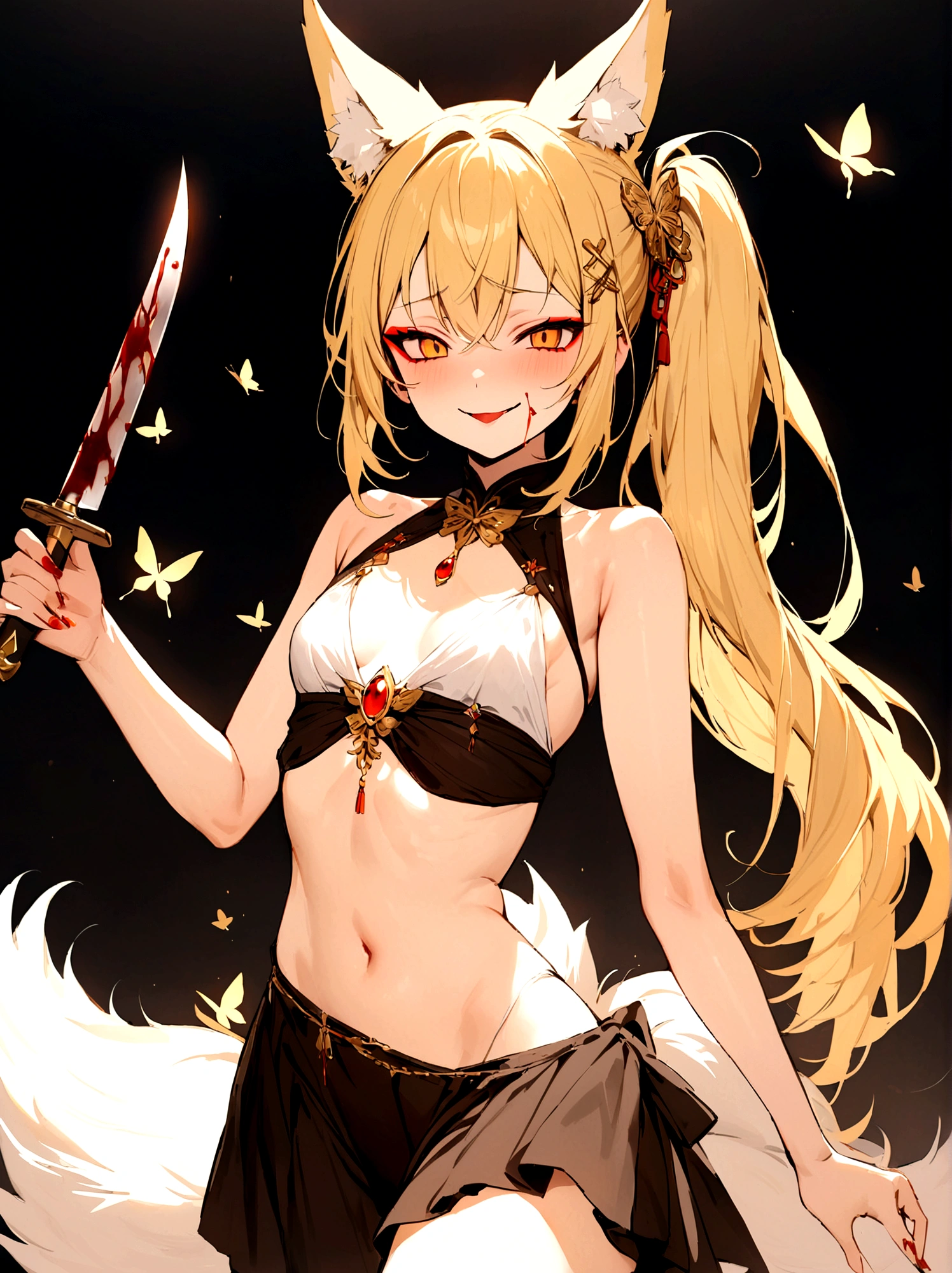 (masterpiece, best quality) junior,detailed, (beautiful,small breasts), blonde,long hair, side ponytail(tied to the left),Hairpin decoration with gold butterfly, elegant, (fox ears),nine tailed fox tail, red eyeshadow, golden eyes, femur,girl,Yandere expression,bleeding,holding a knife,bloody knife,evil smile