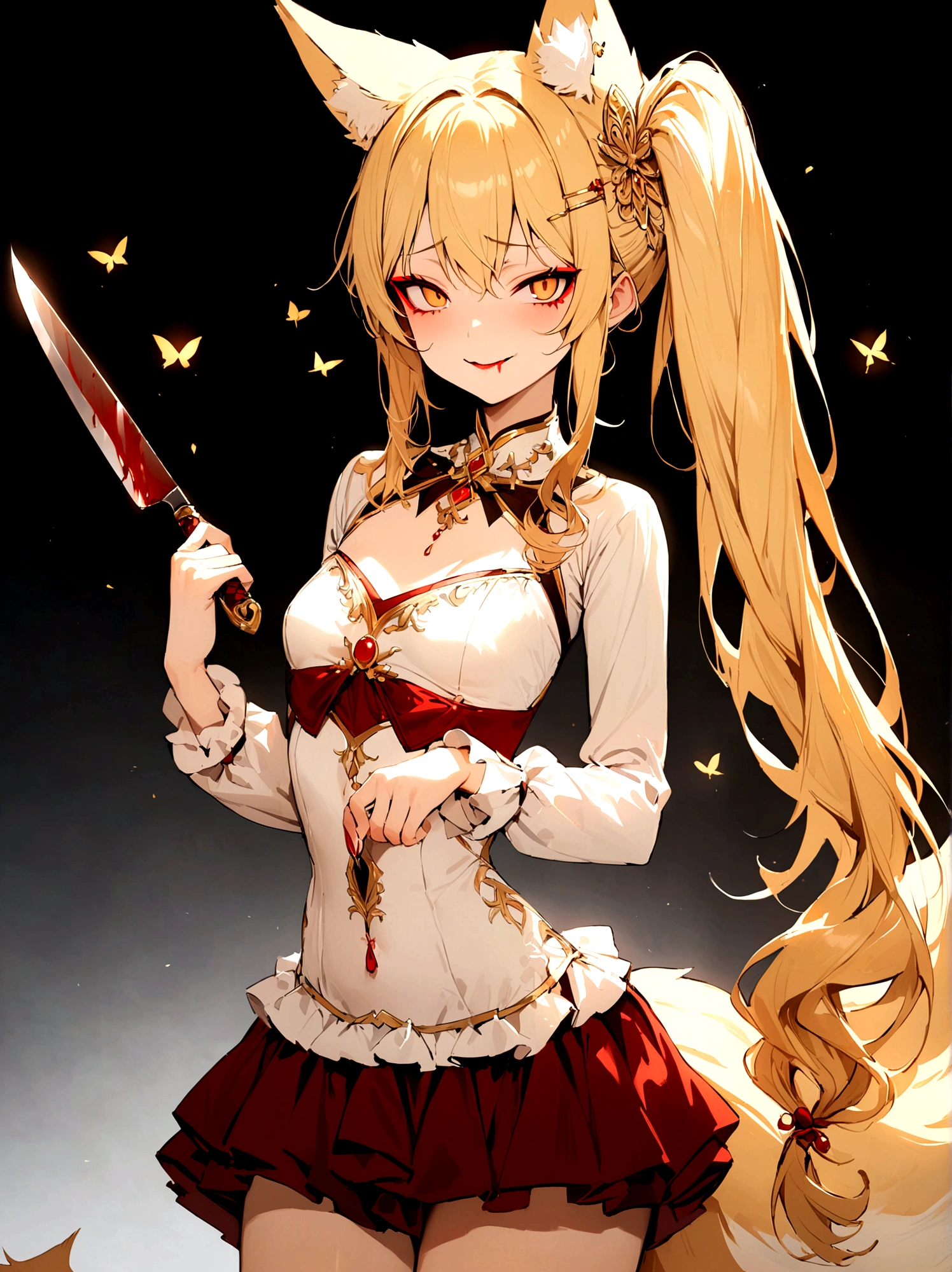 (masterpiece, best quality) junior,detailed, (beautiful,small breasts), blonde,long hair, side ponytail(tied to the left),Hairpin decoration with gold butterfly, elegant, (fox ears),nine tailed fox tail, red eyeshadow, golden eyes, femur，girl,Yandere expression,bleeding,holding a knife,bloody knife,evil smile