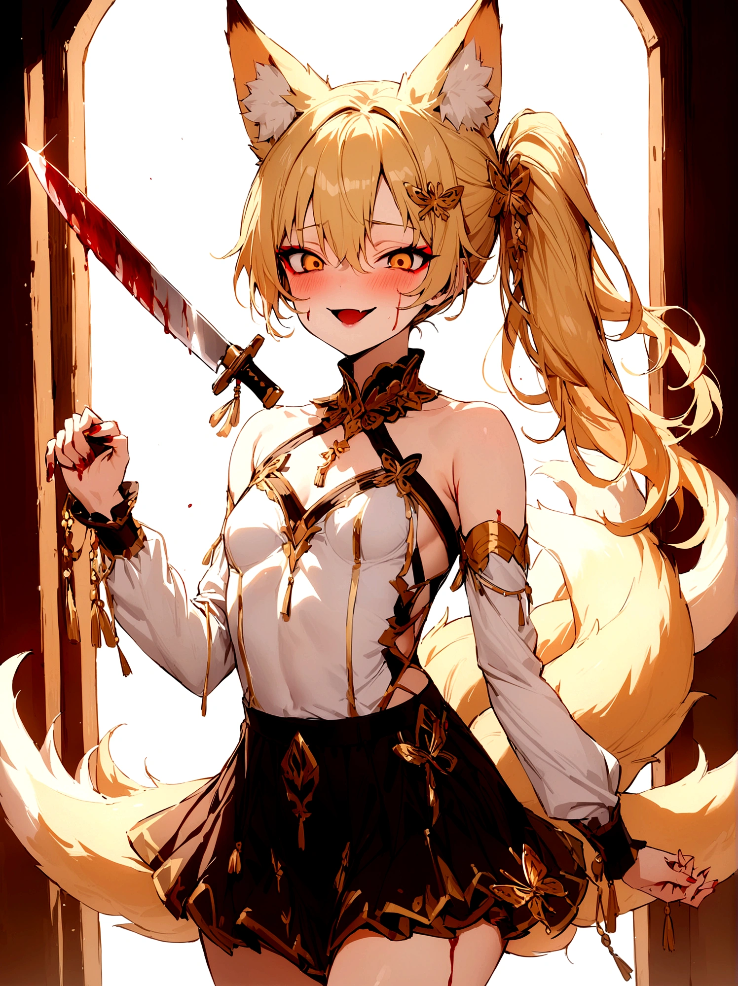 (masterpiece, best quality) junior,detailed, (beautiful,small breasts), blonde,long hair, side ponytail(tied to the left),Hairpin decoration with gold butterfly, elegant, (fox ears),nine tailed fox tail, red eyeshadow, golden eyes, femur,girl,Yandere expression,bleeding,holding a knife,bloody knife,evil smile