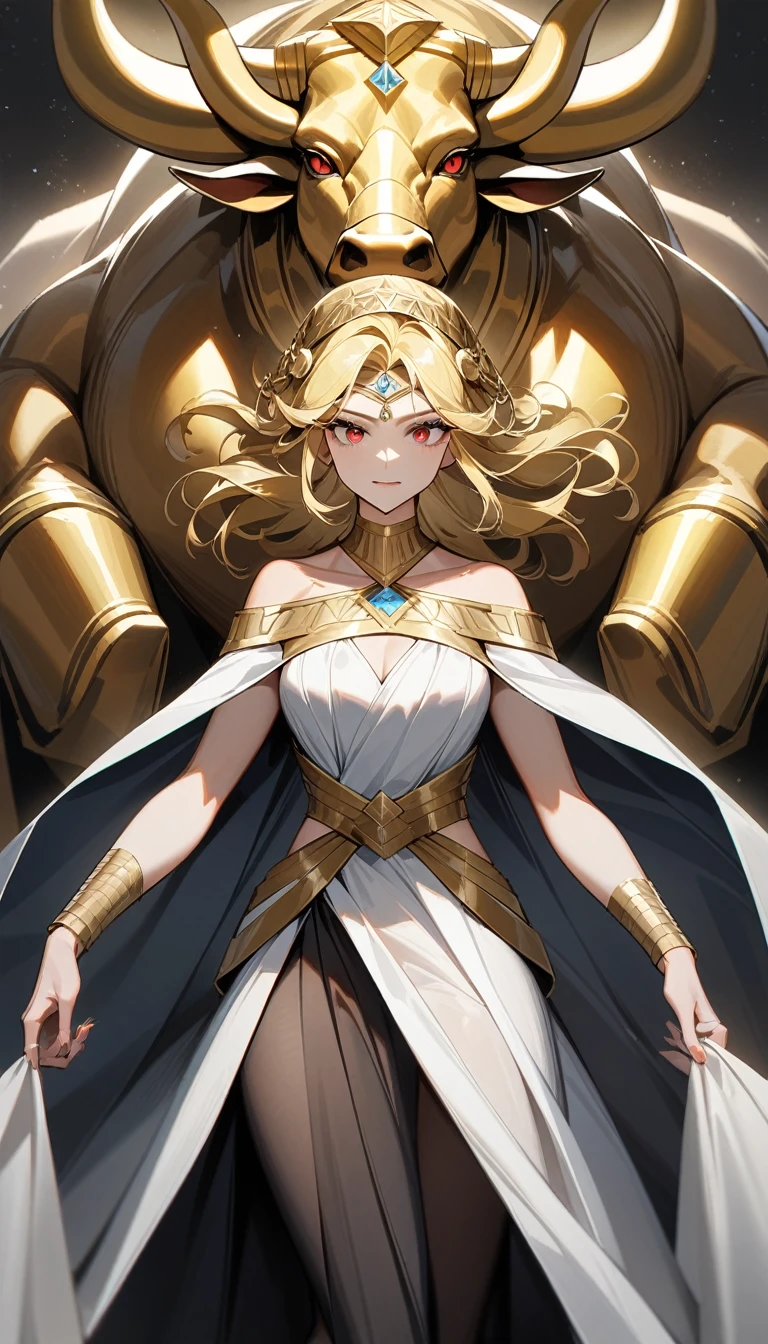 (Huang Li、high quality、Extremely detailed),Constellation - Taurus goddess,Giant golden bull,Woman stroking Taurus,Similar to Latin goodness,brave,capricious,Productivity,The face of enterprising and humanitarianism,Blonde hair,Ancient Greek costumes、Wrap Dress,The background is the universe,Crystal red eyes(Eyes Details),Powerful appearance
