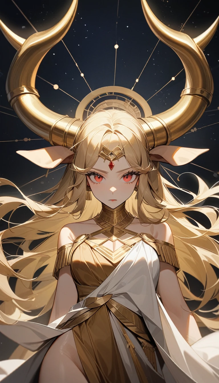(Huang Li、high quality、Extremely detailed),Constellation - Taurus goddess,Giant golden bull,Woman stroking Taurus,Similar to Latin goodness,brave,capricious,Productivity,The face of enterprising and humanitarianism,Blonde hair,Ancient Greek costumes、Wrap Dress,The background is the universe,Crystal red eyes(Eyes Details),Powerful appearance