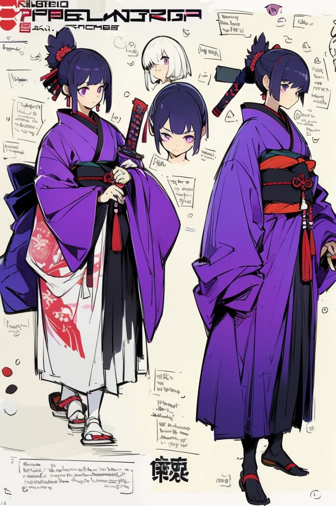 ((Best Quality)), ((Masterpiece)), (detailed), 1 girl, character design, CHARACTER SHEET, traditional japanese kimono, samurai, armor samurai, girl with kimono and samurai and samurai elements, armor, kimono, purple, by hime cut, epic design, wide, Kimono samurai, purple dress, whole body, full body, epic design, creative design.