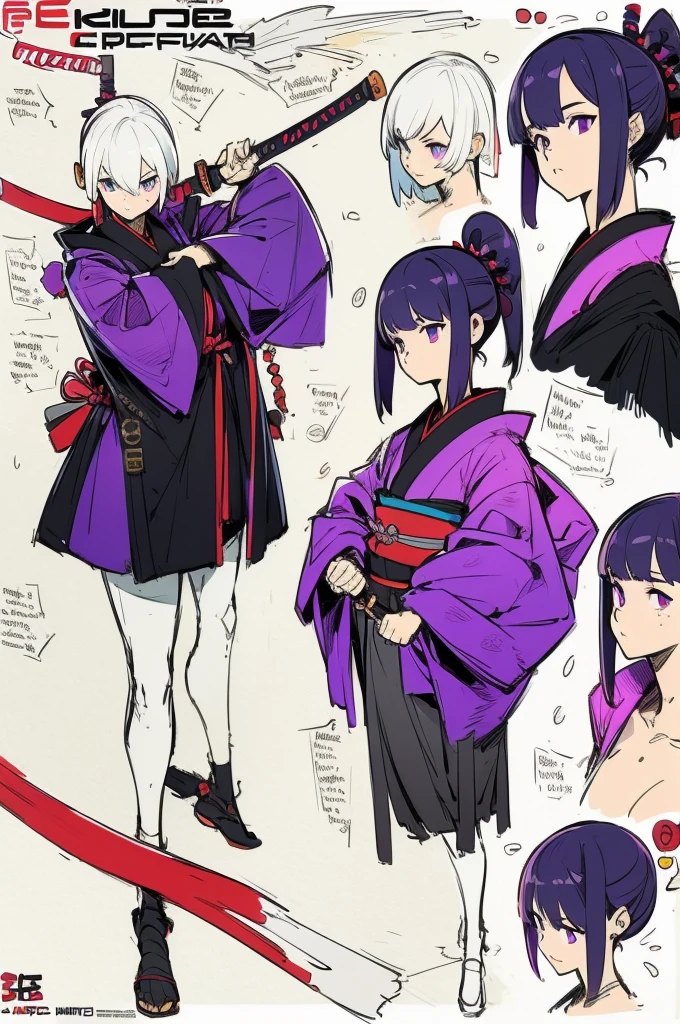 ((Best Quality)), ((Masterpiece)), (detailed), 1 girl, character design, CHARACTER SHEET, traditional japanese kimono, samurai, armor samurai, girl with kimono and samurai and samurai elements, armor, kimono, purple, by hime cut, epic design, wide, Kimono samurai, purple dress, whole body, full body, epic design, creative design.
