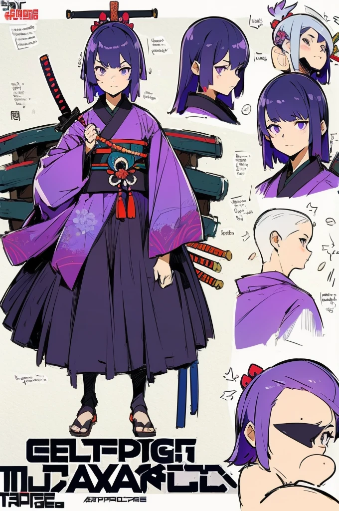 ((Best Quality)), ((Masterpiece)), (detailed), 1 girl, character design, CHARACTER SHEET, traditional japanese kimono, samurai, armor samurai, girl with kimono and samurai and samurai elements, armor, kimono, purple, by hime cut, epic design, wide, Kimono samurai, purple dress, whole body, full body, epic design, creative design.
