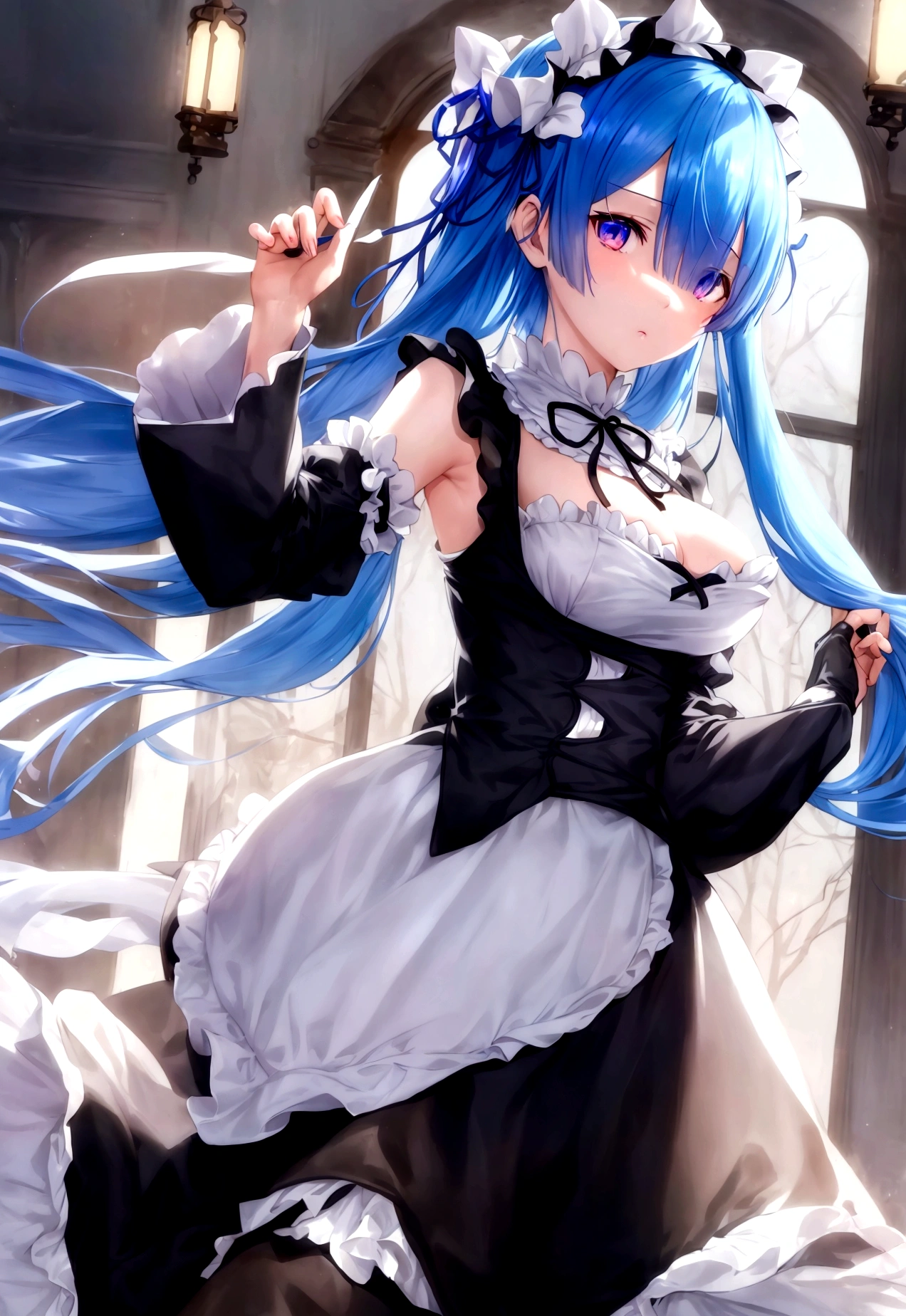 Write a character like Rem from Re:Zero、But I wanted her to have different characteristics from Rem.、Change your hair color、Wear something other than a maid outfit、Without hair ornaments