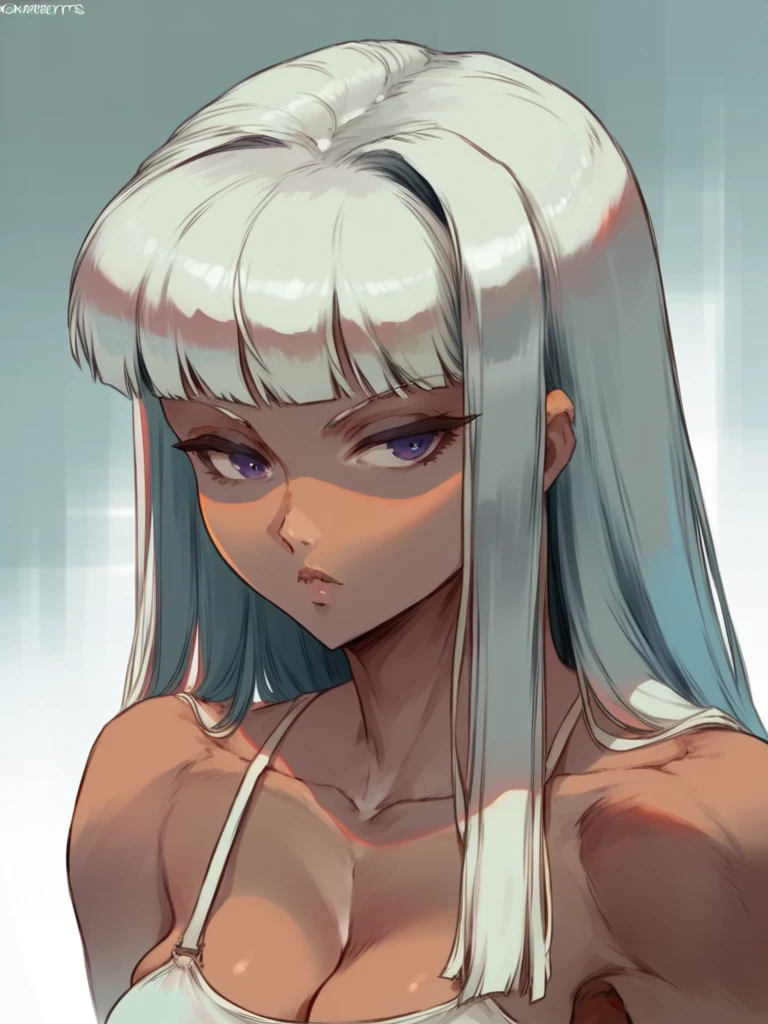 cutesexyrobutts style, muted pastel colors, retro anime, 1990s anime, 1980s anime, brush strokes, beautiful dark-skinned woman, classic retro anime style, violet myers, glossy body, blunt bangs, glistening skin, highly detailed, 8k, hyper realistic, cinematic lighting, dramatic shadows, vibrant colors, masterpiece