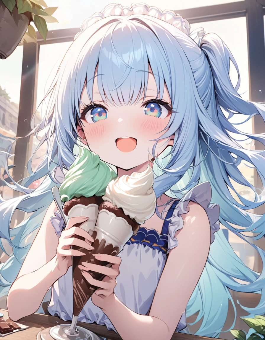 masterpiece, best quality, extremely detailed, (illustration, official art:1.1), 1 girl ,(((( light blue long hair)))), ,(((( light blue long hair)))),light blue hair, , long hair ((blush)) , cute face, big eyes, masterpiece, best quality,(((((a very delicate and beautiful girl))))),Amazing,beautiful detailed eyes,blunt bangs((((little delicate girl)))),tareme(true beautiful:1.2), sense of depth,dynamic angle,,,, affectionate smile, (true beautiful:1.2),,(tiny 1girl model:1.2),)(flat chest), 1girl, solo, (white tube-top), off shoulders, portrait, looking atsoft serve cream cone, ((giant mint soft cream, and chocolate soft cream mixed)), food, open mouth, (holding soft serve cone), brown cone, long hair, swaying bangs, mint eyes, beautiful round eyes, long eyelashes, perfect her fingers, pale skin,